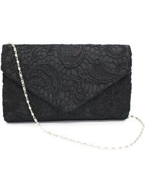 Women Black Embroidered Lace Clutch Purse Envelope Imported Evening Handbags